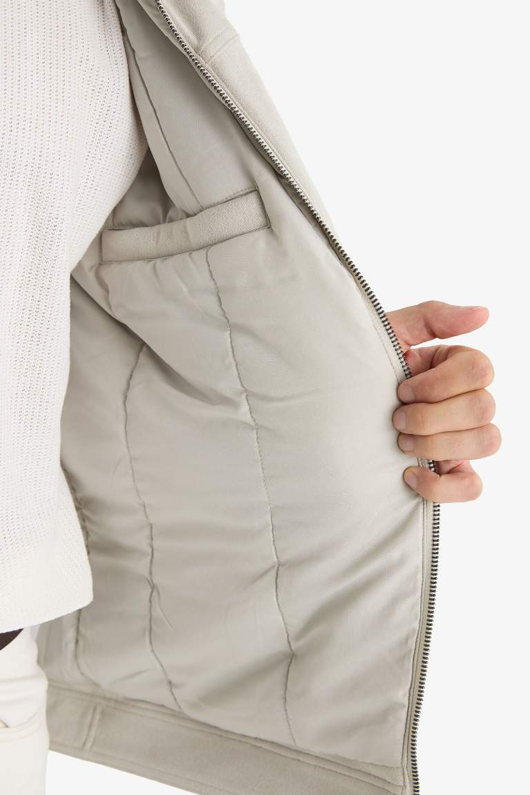 Slim Fit Dar Kesim Gömlek Yaka Fermuarlı İç Cepli Süet Mevsimlik Baharlık Ceket Mont