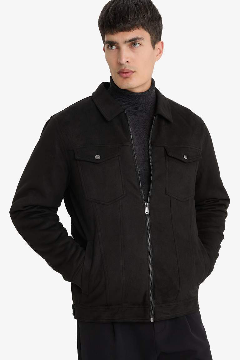 Slim Fit Dar Kesim Gömlek Yaka Fermuarlı Süet Mont