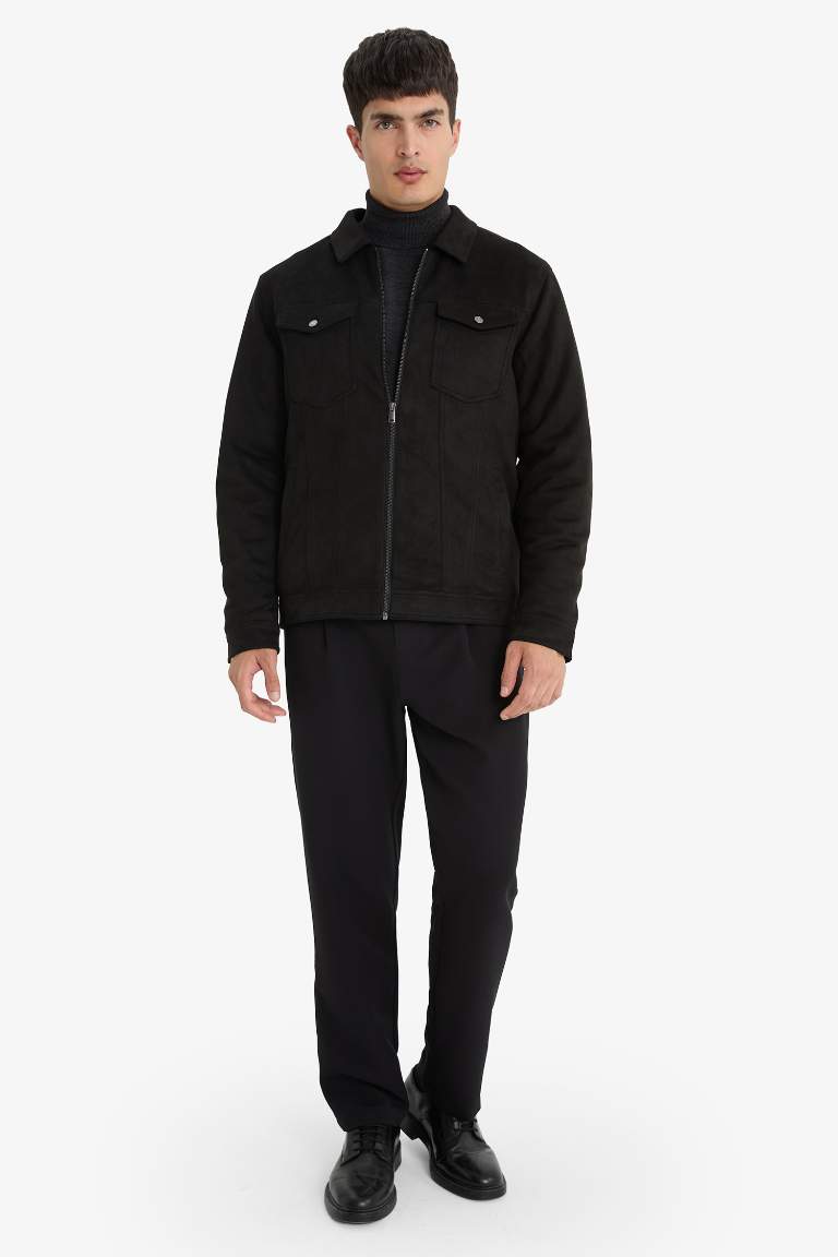 Slim Fit Dar Kesim Gömlek Yaka Fermuarlı Süet Mont