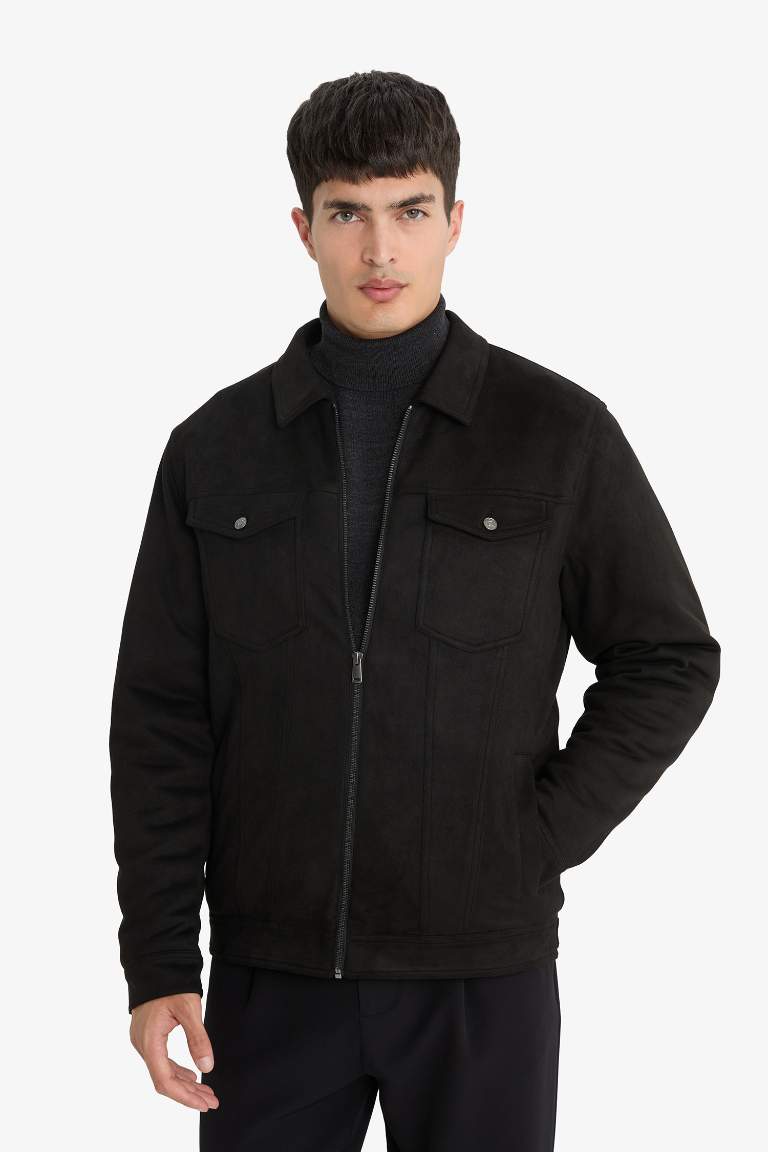 Slim Fit Dar Kesim Gömlek Yaka Fermuarlı Süet Mont