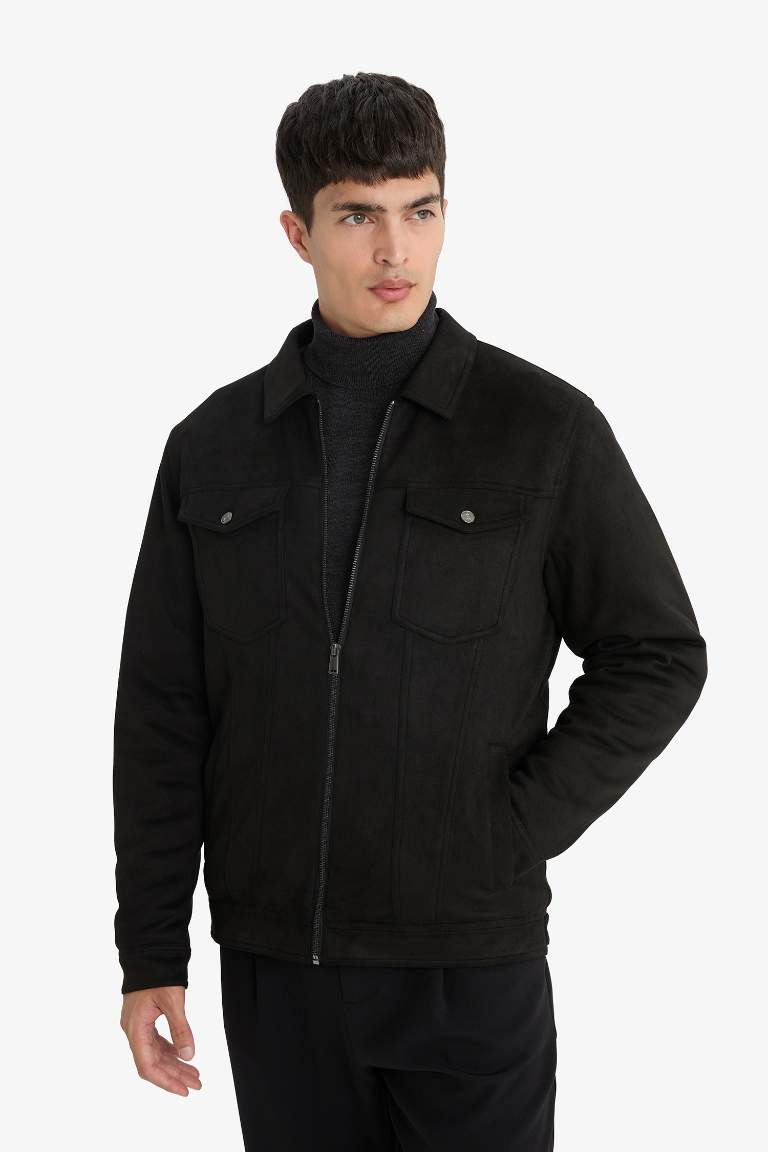 Slim Fit Dar Kesim Gömlek Yaka Fermuarlı Süet Mont