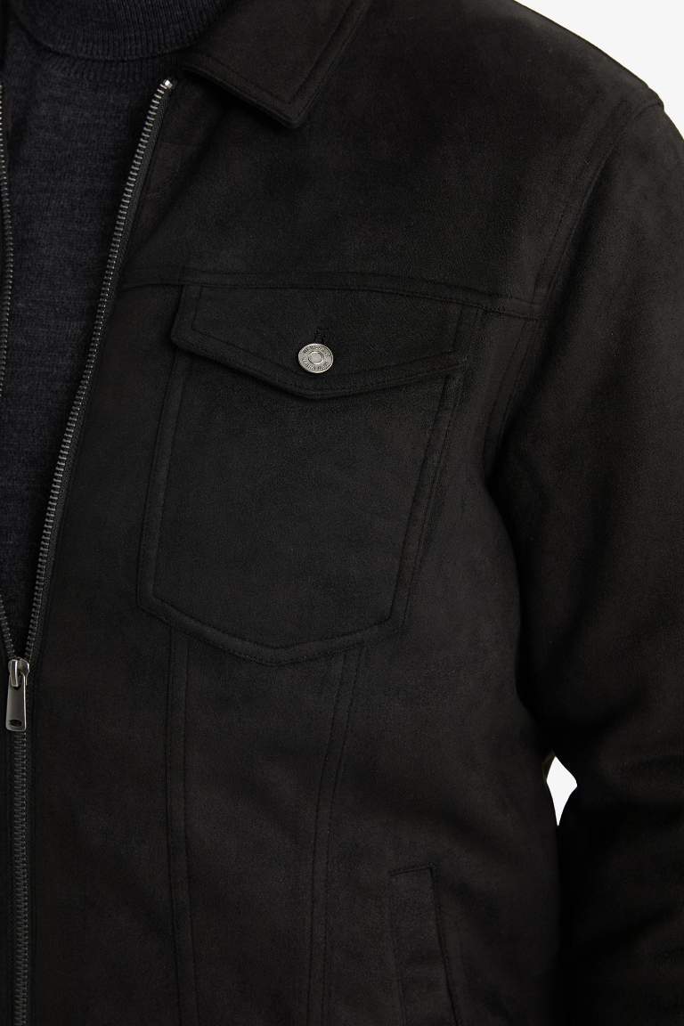 Slim Fit Dar Kesim Gömlek Yaka Fermuarlı Süet Mont