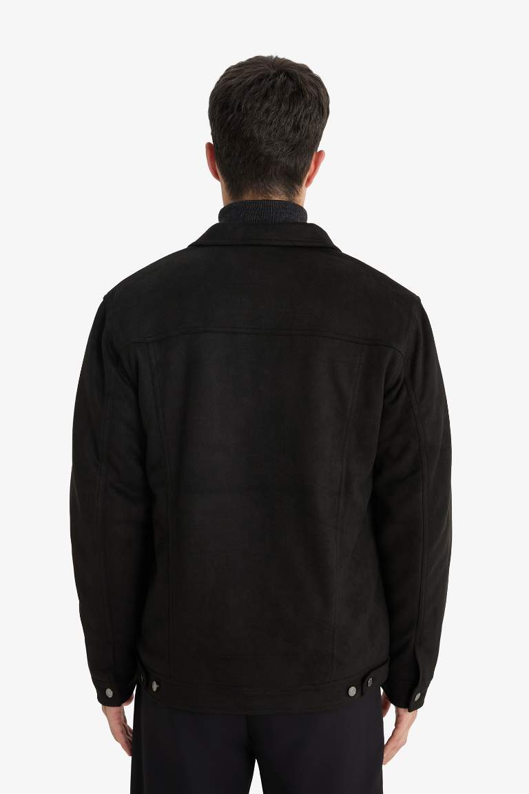 Slim Fit Dar Kesim Gömlek Yaka Fermuarlı Süet Mont