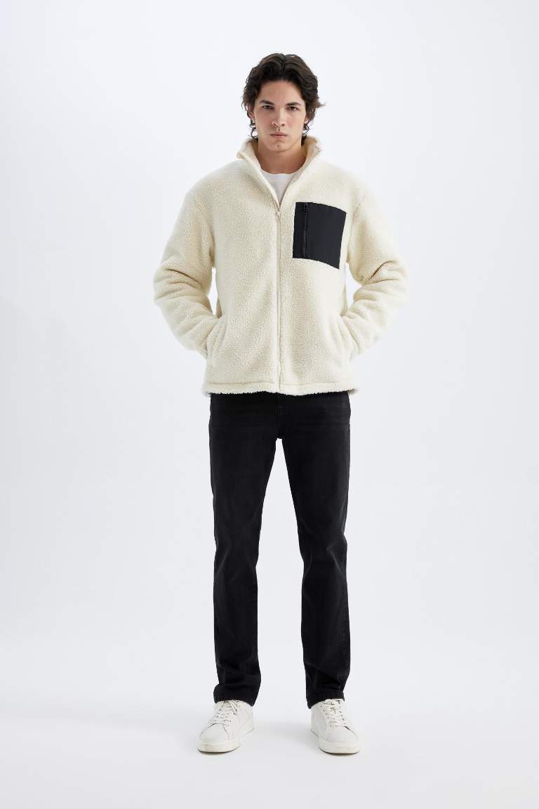 Slim Fit Dar Kesim Dik Yaka Fermuarlı Pelüş Mont
