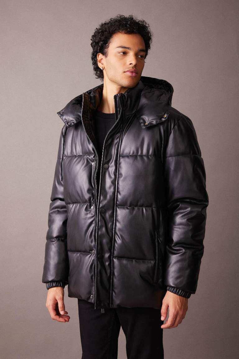 Black MAN Slim Fit Hooded Faux Leather Puffer Jacket 2800861 | DeFacto