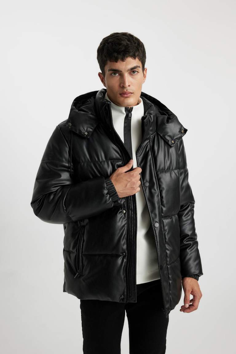 Black MAN Slim Fit Hooded Faux Leather Puffer Jacket 2800861 | DeFacto