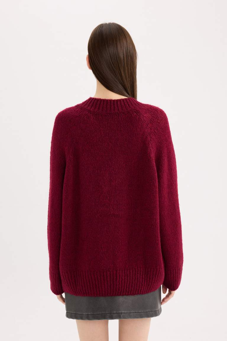 Oversize Geniş Kalıp V Yaka Basic Düz Bordo Triko Kazak