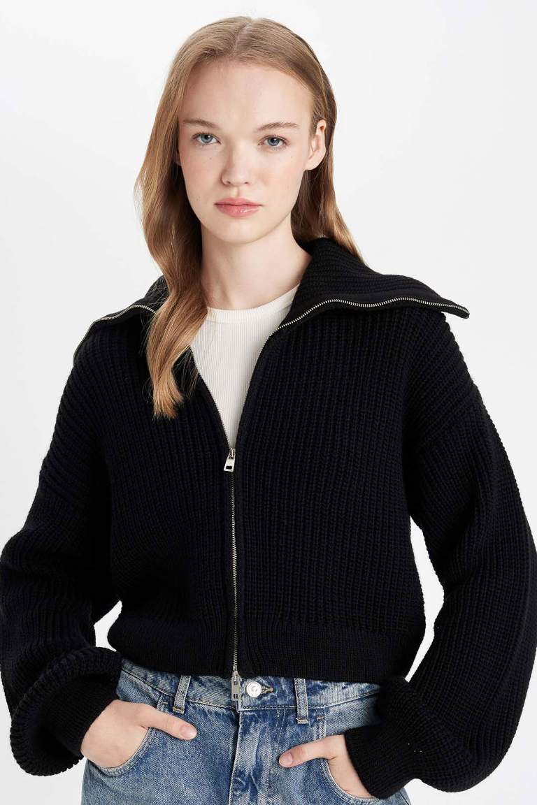 Slim Fit Dar Kesim Basic Düz Fermuarlı Dik Yaka Triko Hırka