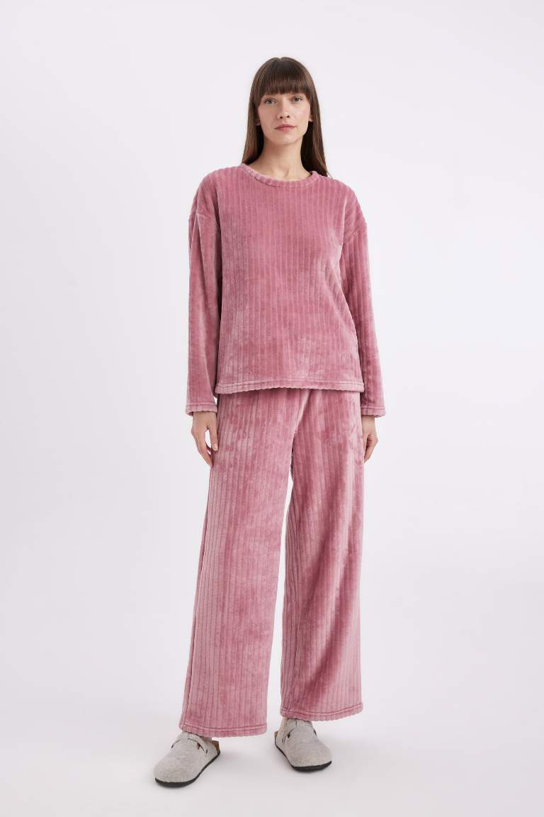Fall in Love Pijama Takım Welsoft Pelüş Basic Düz Uzun Kollu Üst Geniş Bol Paça Beli Lastikli Alt