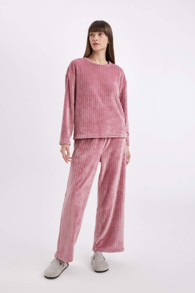 Fall in Love Pijama Takım Welsoft Pelüş Basic Düz Uzun Kollu Üst Geniş Bol Paça Beli Lastikli Alt