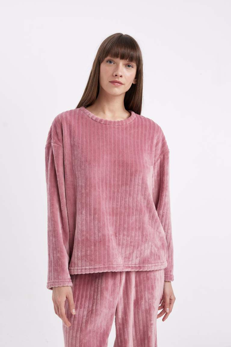 Fall in Love Pijama Takım Welsoft Pelüş Basic Düz Uzun Kollu Üst Geniş Bol Paça Beli Lastikli Alt