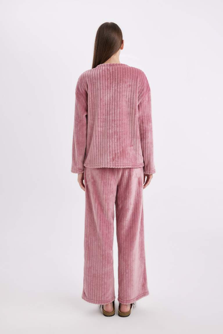 Fall in Love Pijama Takım Welsoft Pelüş Basic Düz Uzun Kollu Üst Geniş Bol Paça Beli Lastikli Alt