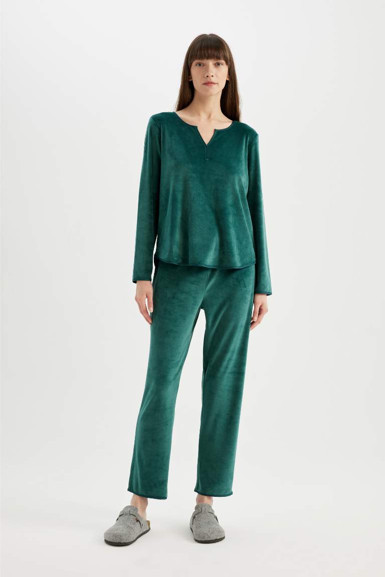 Fall in Love Pijama Takım V Yaka Velur Uzun Kollu Üst Beli Lastikli Alt