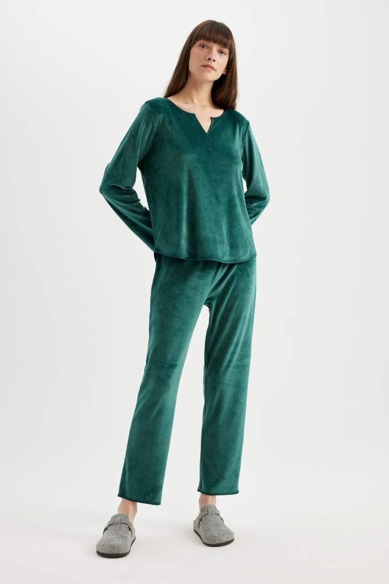 Fall in Love Pijama Takım V Yaka Velur Uzun Kollu Üst Beli Lastikli Alt