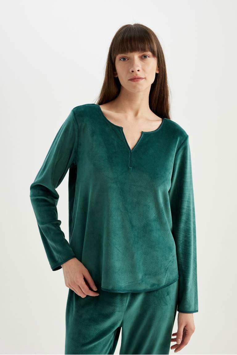 Fall in Love Pijama Takım V Yaka Velur Uzun Kollu Üst Beli Lastikli Alt