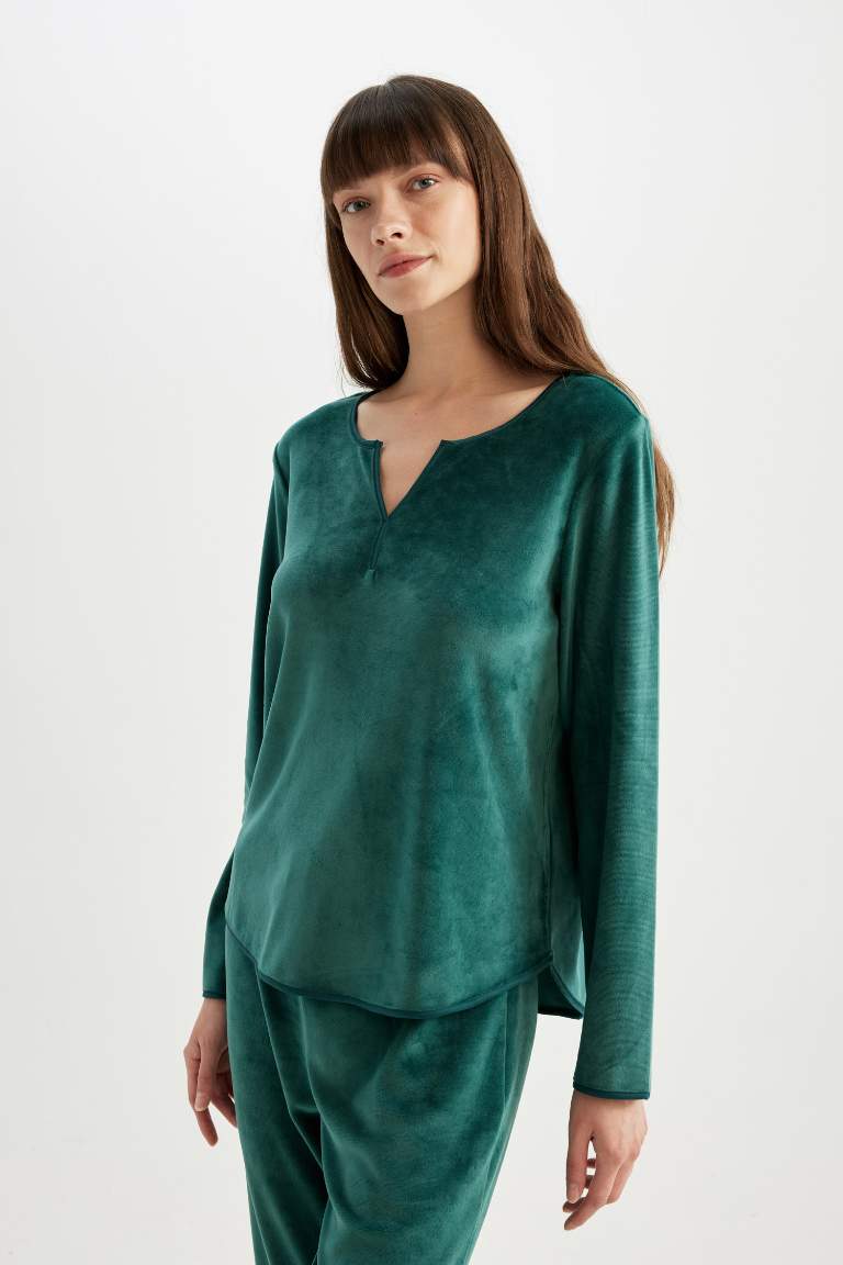 Fall in Love Pijama Takım V Yaka Velur Uzun Kollu Üst Beli Lastikli Alt
