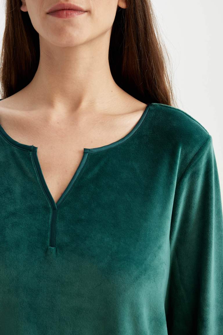 Fall in Love Pijama Takım V Yaka Velur Uzun Kollu Üst Beli Lastikli Alt
