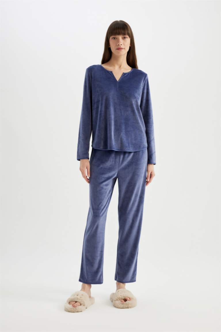 Fall in Love Pijama Takım V Yaka Velur Uzun Kollu Üst Beli Lastikli Alt