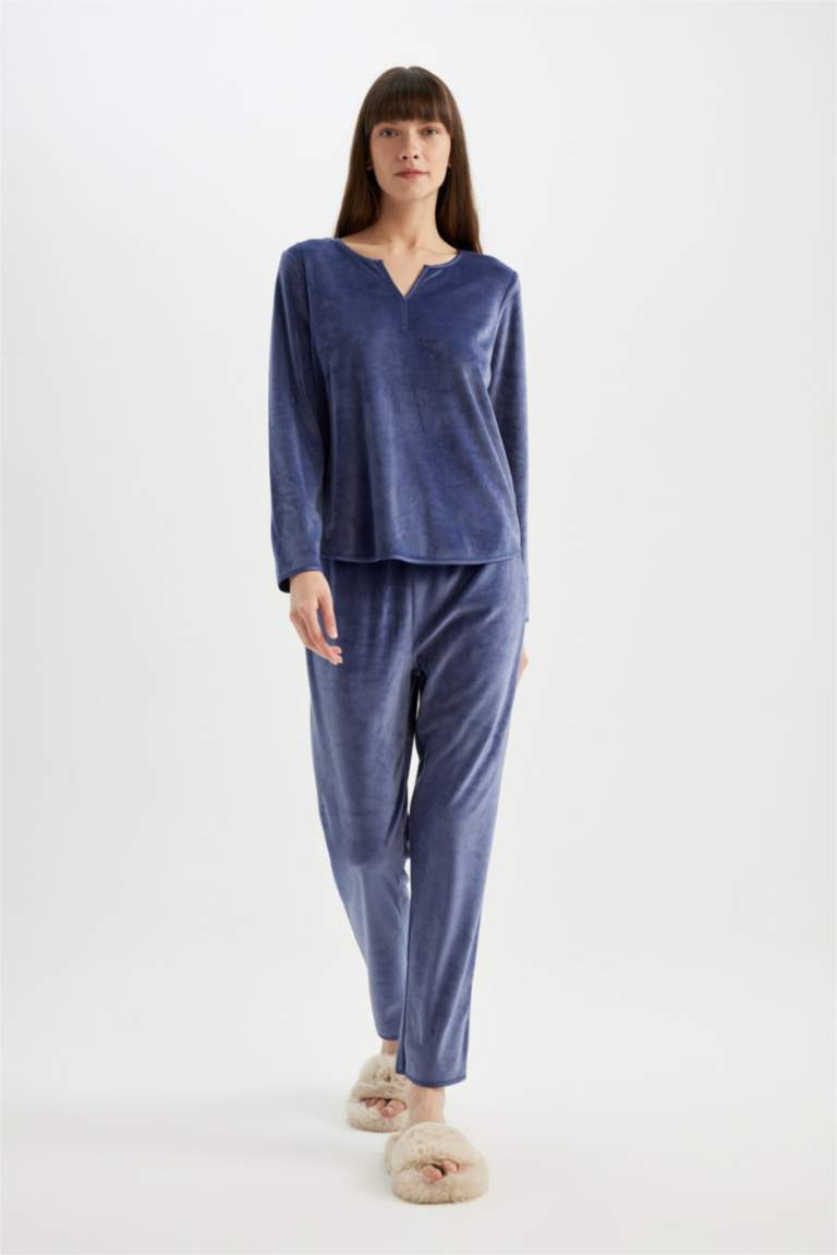 Fall in Love Pijama Takım V Yaka Velur Uzun Kollu Üst Beli Lastikli Alt