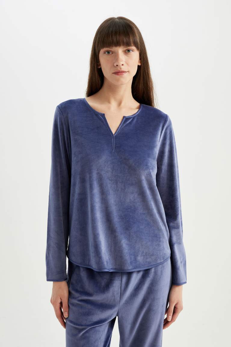 Fall in Love Pijama Takım V Yaka Velur Uzun Kollu Üst Beli Lastikli Alt