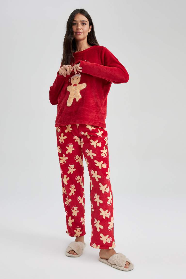Fall in Love Yılbaşı Temalı Pijama Takımı Polar Uzun Kollu Üst Esnek Belli Uzun Alt