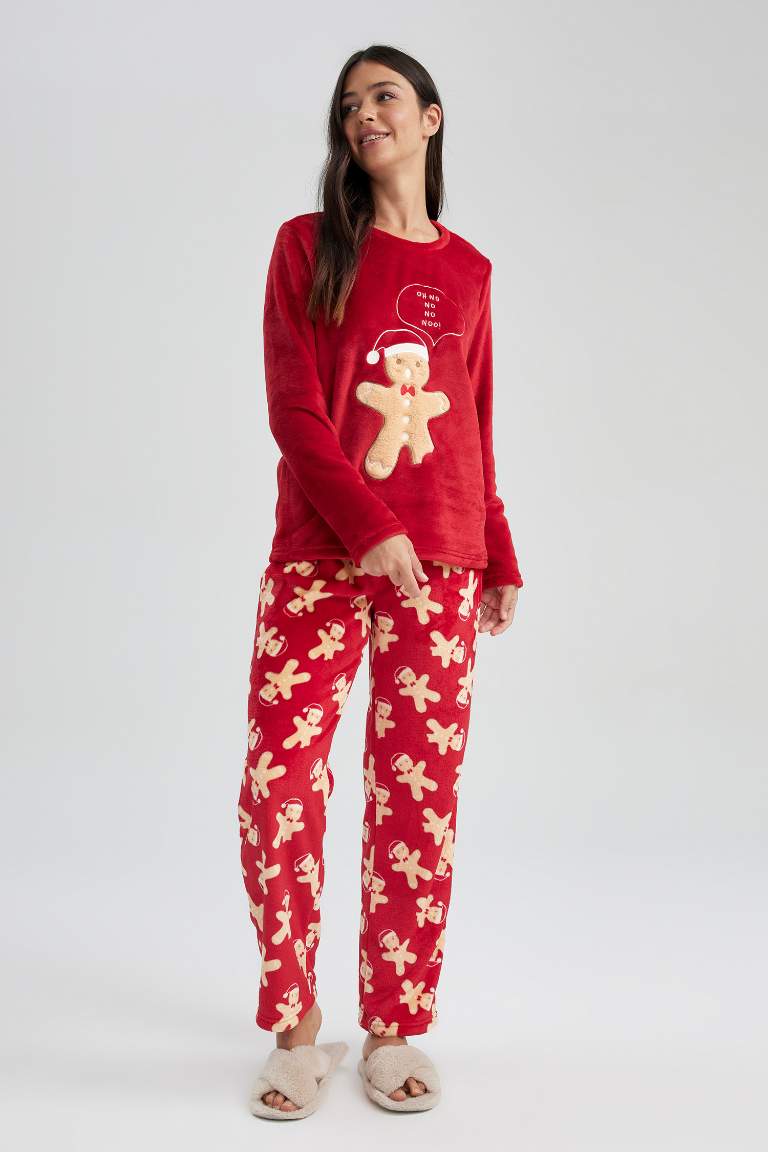 Fall in Love Yılbaşı Temalı Pijama Takımı Polar Uzun Kollu Üst Esnek Belli Uzun Alt