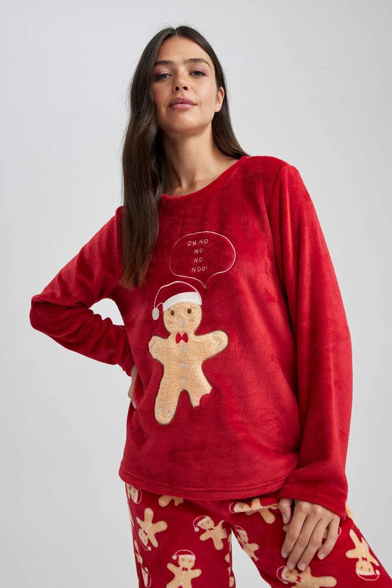 Fall in Love Yılbaşı Temalı Pijama Takımı Polar Uzun Kollu Üst Esnek Belli Uzun Alt