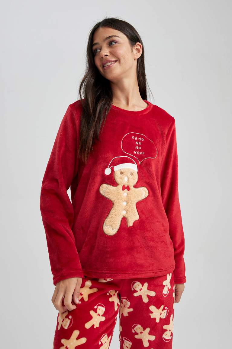 Fall in Love Yılbaşı Temalı Pijama Takımı Polar Uzun Kollu Üst Esnek Belli Uzun Alt