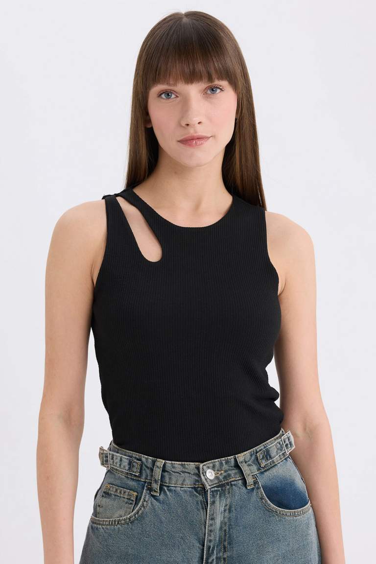 Slim Fit Crew Neck Ribbed Camisole Black Tank Top