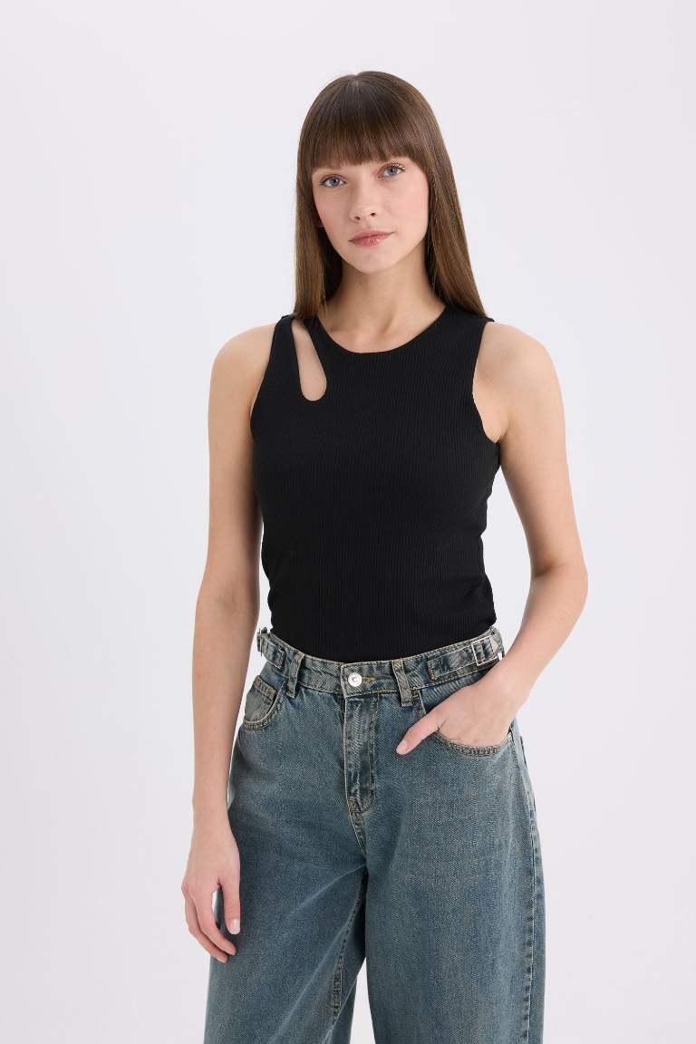 Slim Fit Crew Neck Ribbed Camisole Black Tank Top