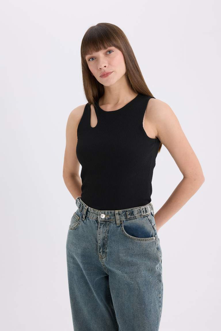 Slim Fit Crew Neck Ribbed Camisole Black Tank Top