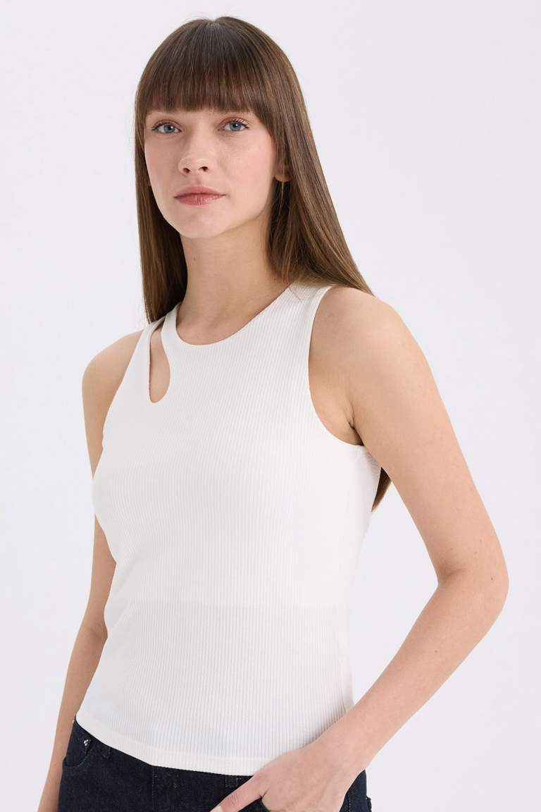 Slim Fit Crew Neck Ribbed Camisole White Tank Top