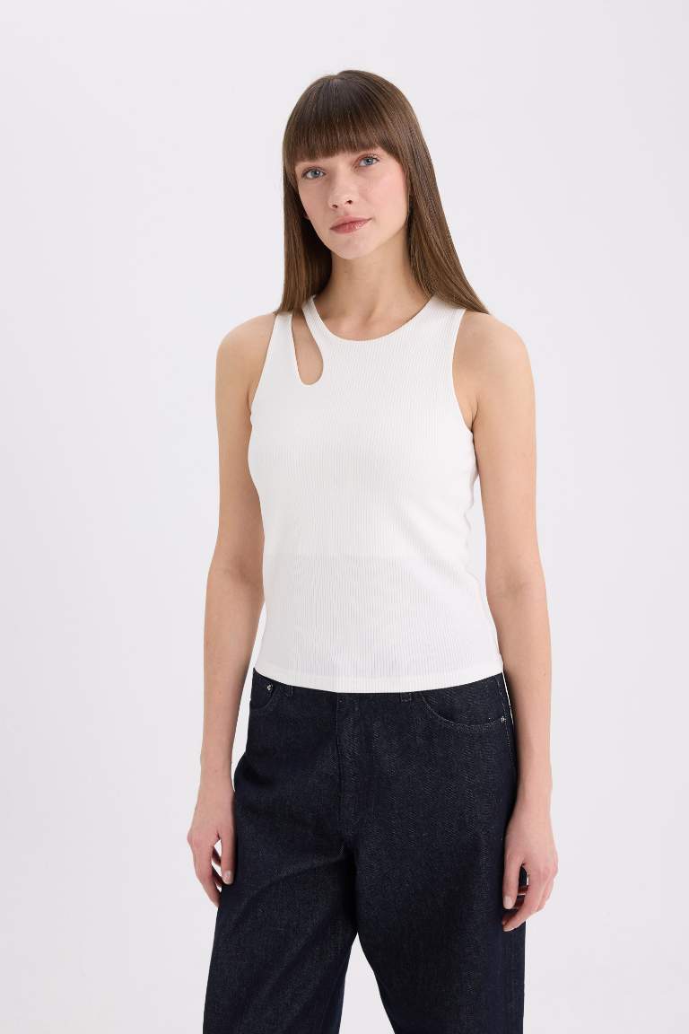 Slim Fit Crew Neck Ribbed Camisole White Tank Top