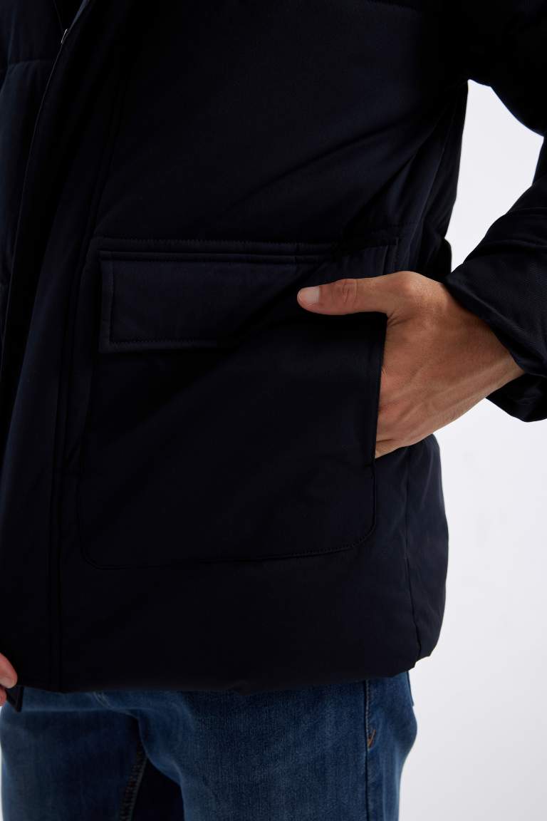 Slim Fit Dar Kesim Şişme Mont Kapüşonlu Fermuarlı Çift Cepli