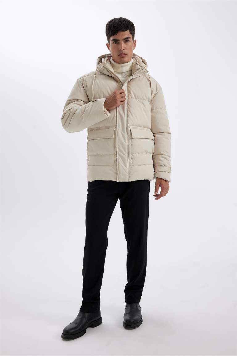 Slim Fit Hooded Zippered Double Pocket Puffer Jacket