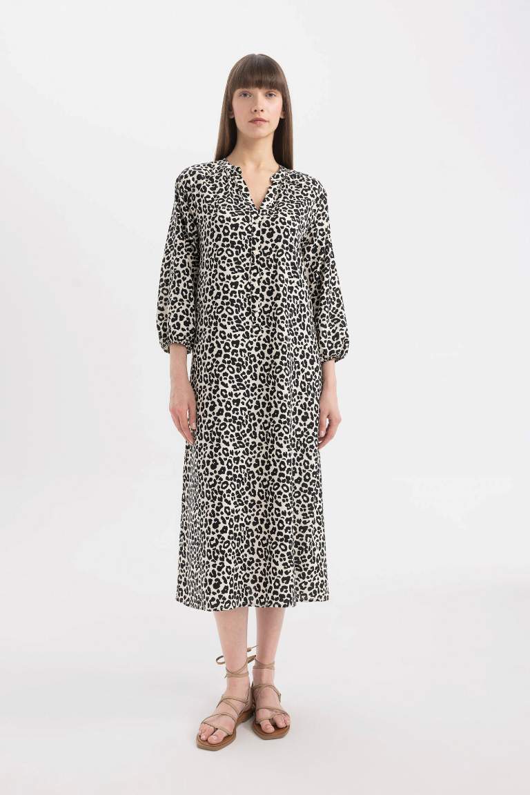 Grandad Collar Printed Raglan Sleeves Midi Dress