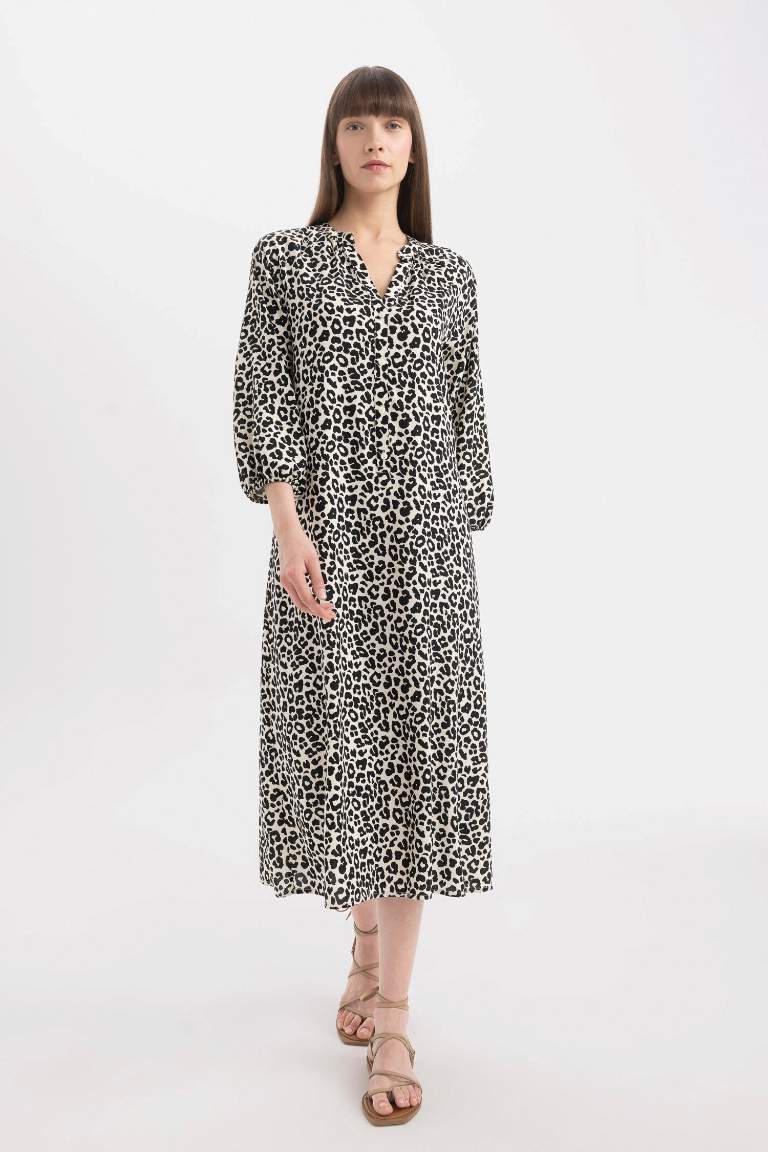 Grandad Collar Printed Raglan Sleeves Midi Dress