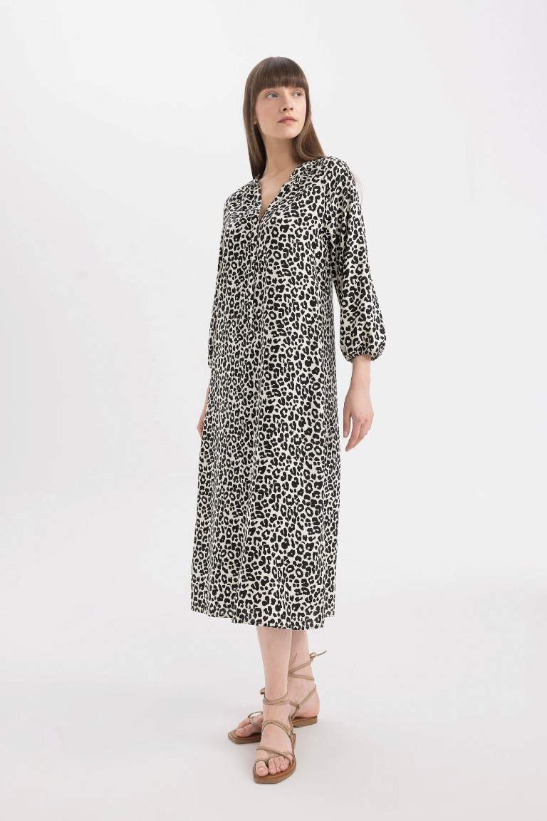 Grandad Collar Printed Raglan Sleeves Midi Dress