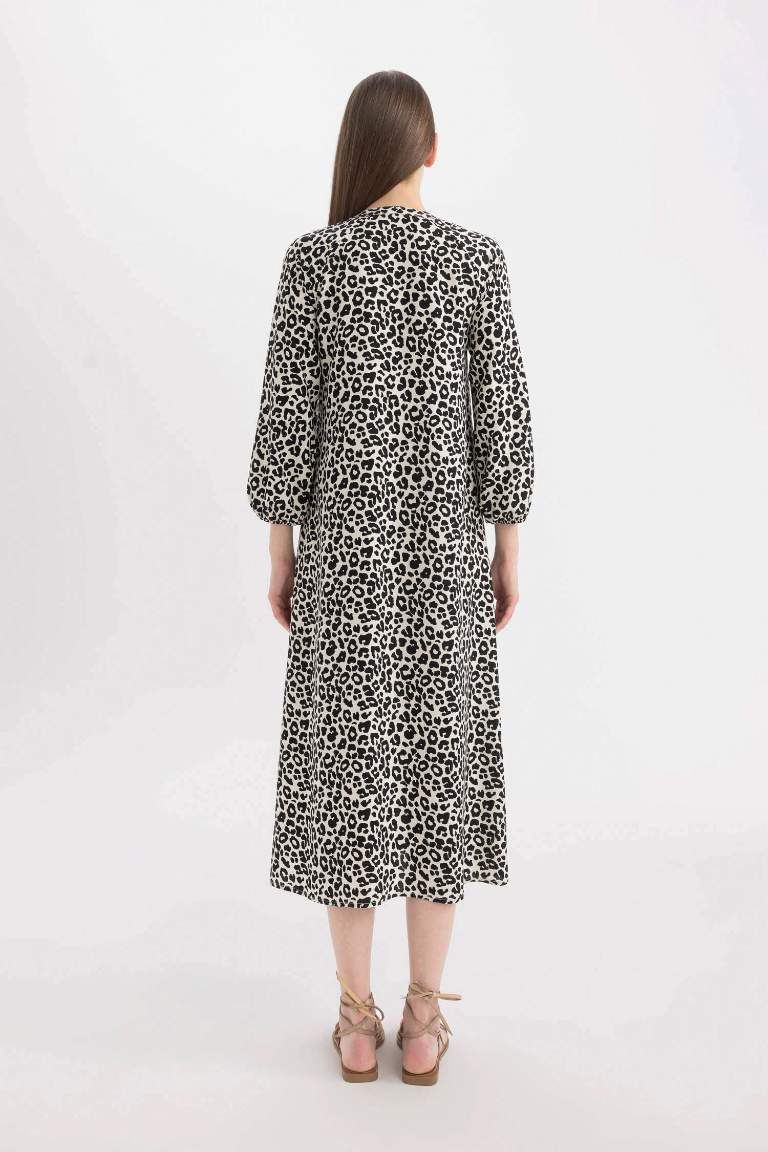 Grandad Collar Printed Raglan Sleeves Midi Dress