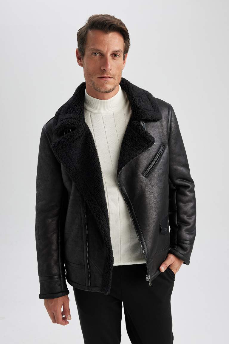 Slim Fit Pelüş Astar Suni Deri Mont