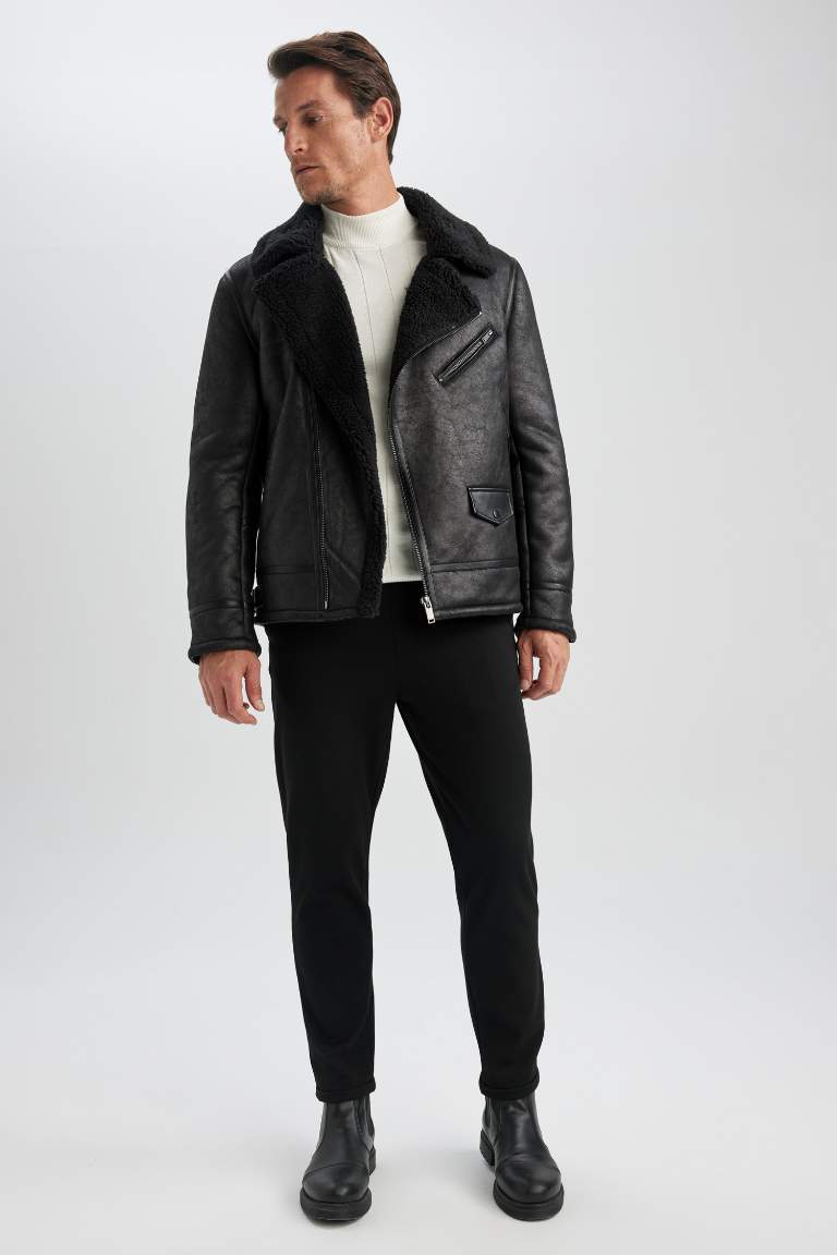 Slim Fit Pelüş Astar Suni Deri Mont