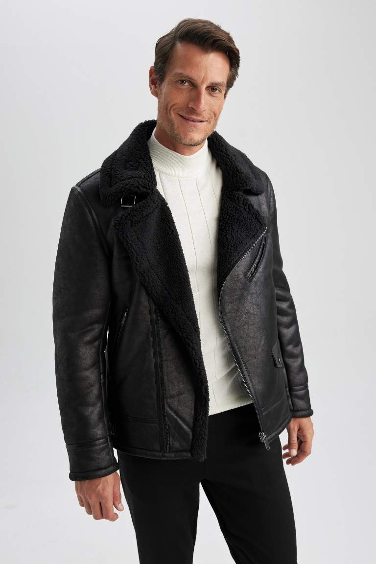 Slim Fit Pelüş Astar Suni Deri Mont