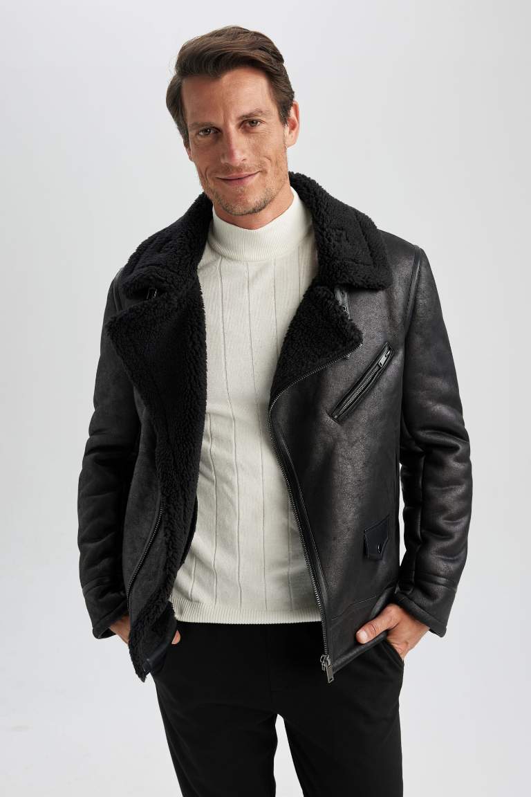 Slim Fit Pelüş Astar Suni Deri Mont