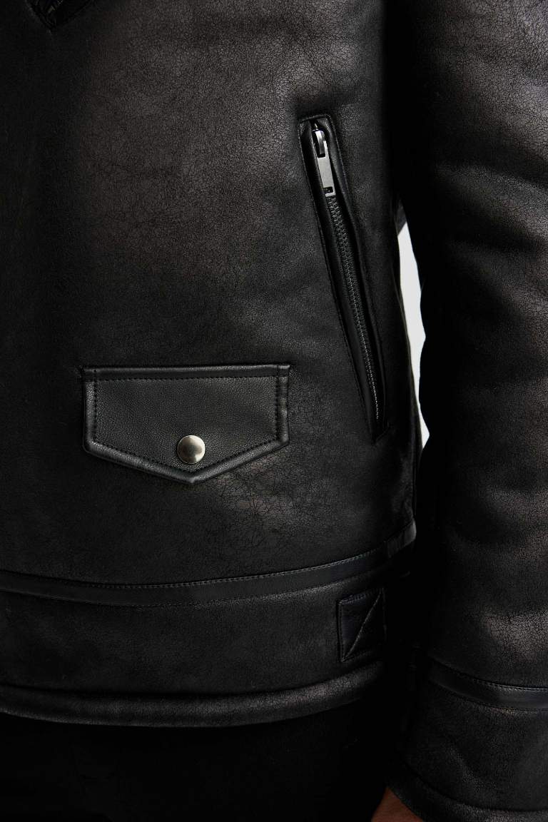 Slim Fit Pelüş Astar Suni Deri Mont