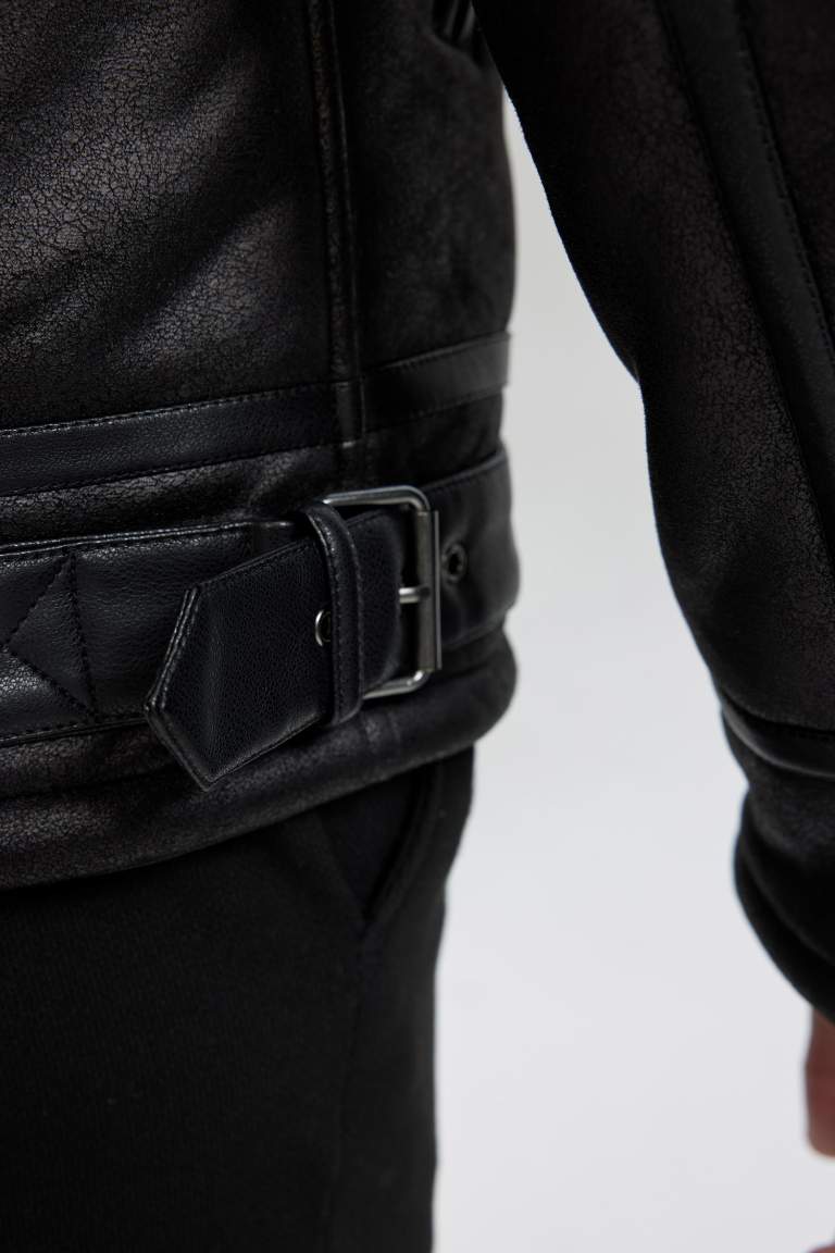 Slim Fit Pelüş Astar Suni Deri Mont
