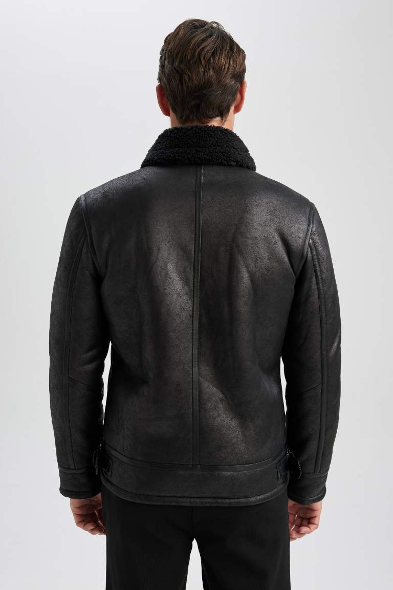 Slim Fit Pelüş Astar Suni Deri Mont