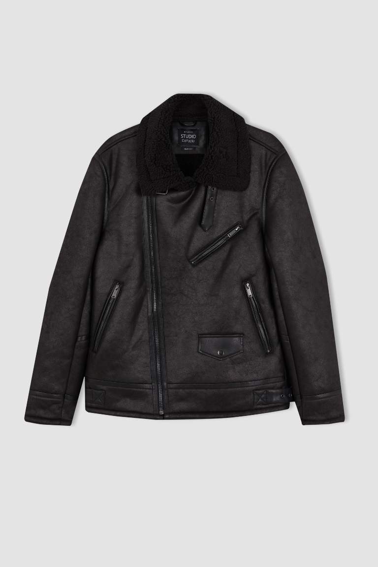 Slim Fit Pelüş Astar Suni Deri Mont