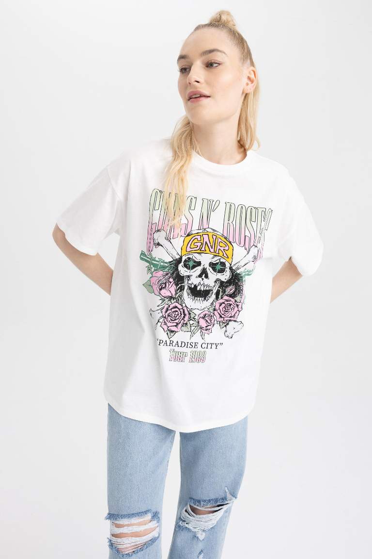 White WOMAN Guns N' Roses Licensed Oversize Fit Crew Neck Printed Short ...