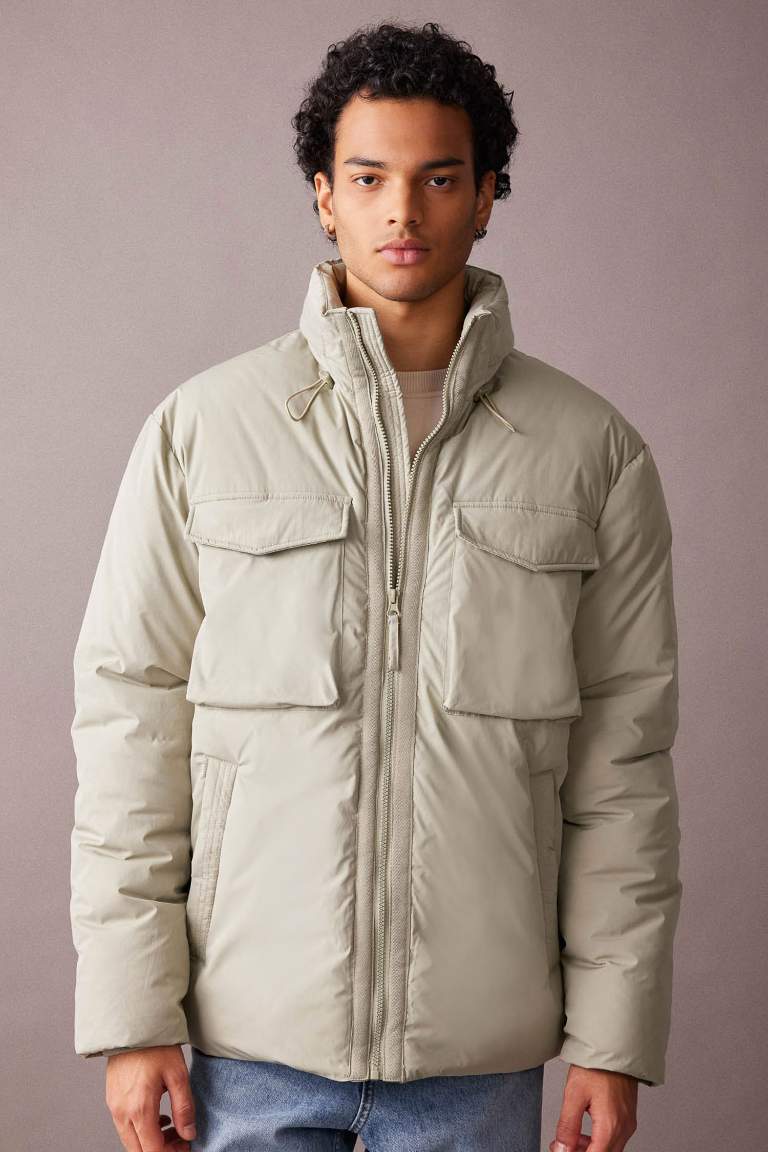 Su İtici Şişme Mont Slim Fit Dik Yaka Fermuarlı Çift Cepli
