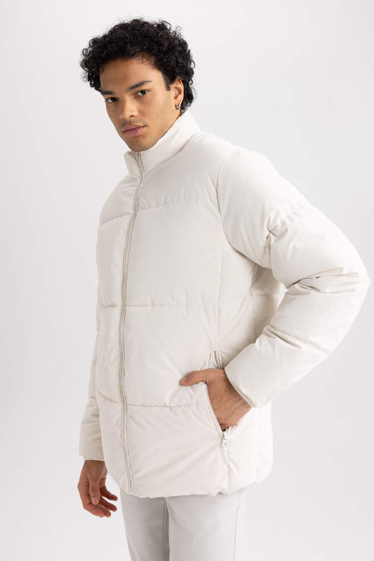 Regular Fit Dik Yaka Astarlı Fermuarlı Cepli Şişme Mont